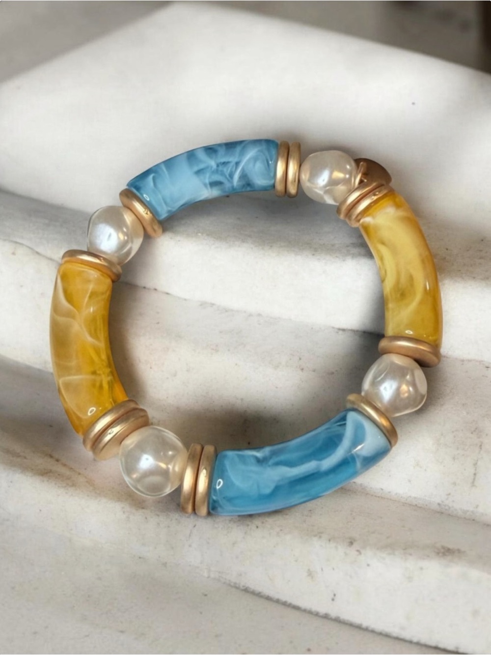 Plunder Marbled Blue and Yellow Stretch Bracelet with Faux Pearl Accents